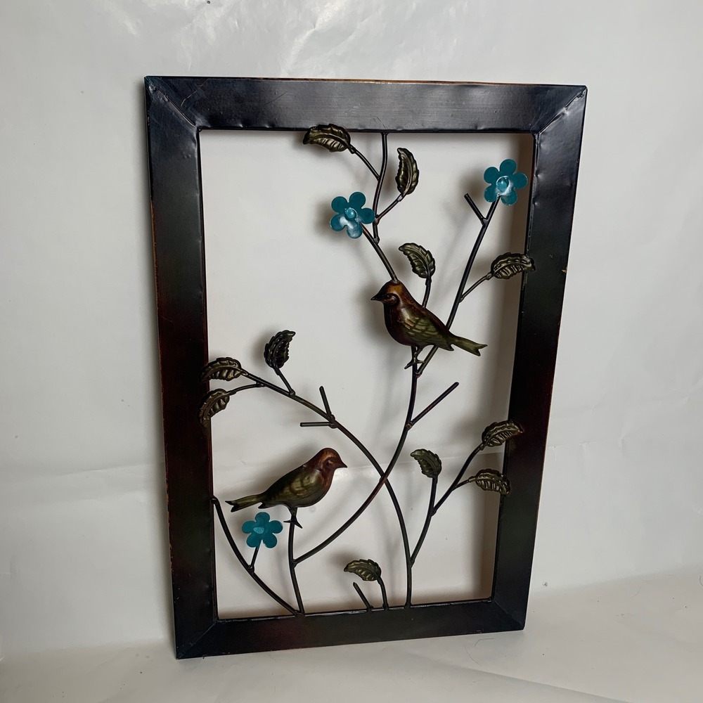 Metal Bird and Flower Wall Art Decor Bronze Blue Floral Nature Sculpture EUC